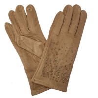 Damen Handschuhe in Wildlederoptik mit Strass beige