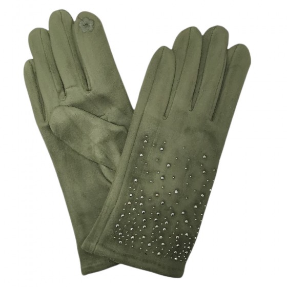Damen Handschuhe in Wildlederoptik mit Strass olive