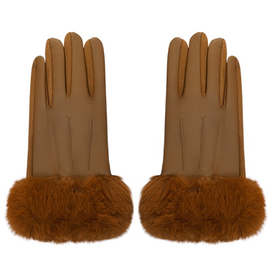 Elegante Damen Handschuhe mit Fellbesatz kamel