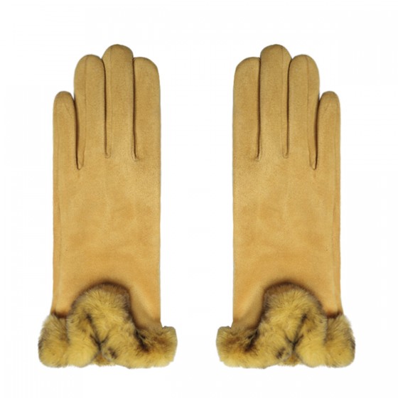 Elegante Damen Handschuhe mit Fellbesatz Leo senf 'Jimbaree'