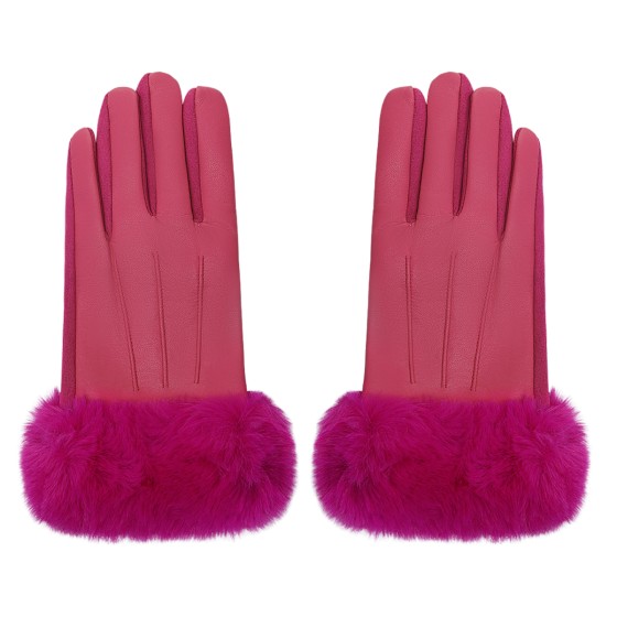 Elegante Damen Handschuhe mit Fellbesatz pink