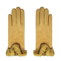 Elegante Damen Handschuhe mit Fellbesatz Leo senf